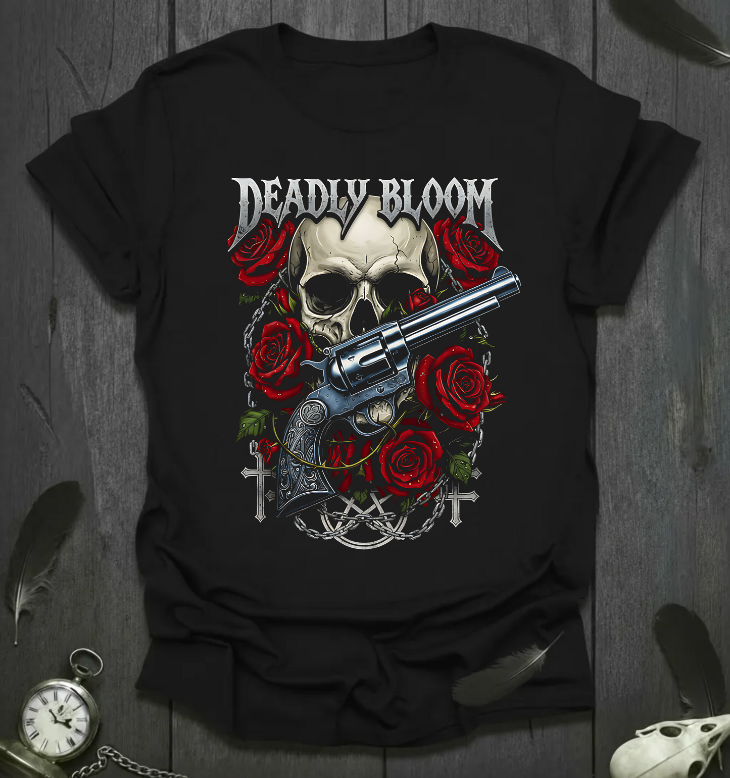 Deadly Bloom: Roses, Skull & Revolver Tee