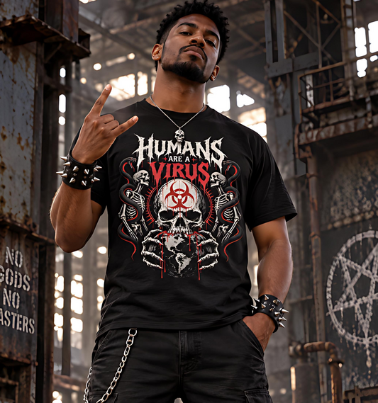 Humans Are a Virus Skull Tee — Gothic Biohazard Graphic T-Shirt