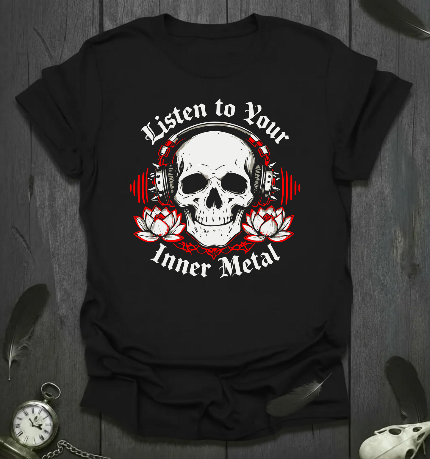 Listen to Your Inner Metal – Headphones Skull Lotus T‑Shirt