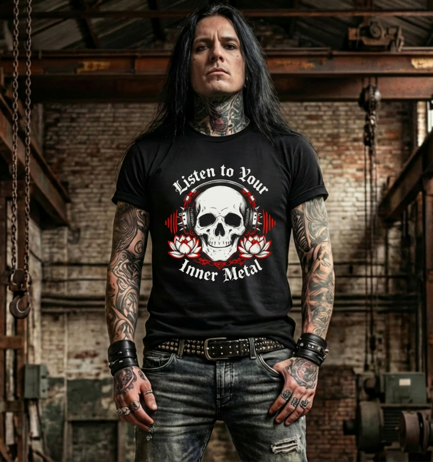 Listen to Your Inner Metal – Headphones Skull Lotus T‑Shirt