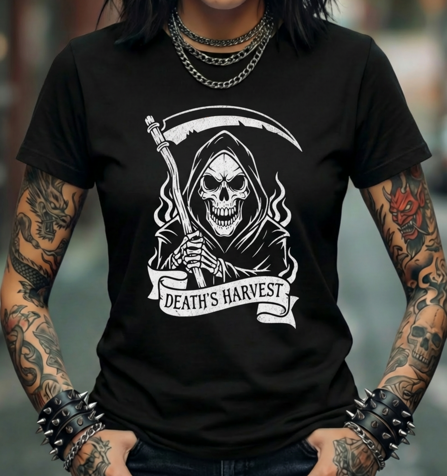 Reaper Graphic T-Shirt — "Death's Harvest" Skull Scythe Tee