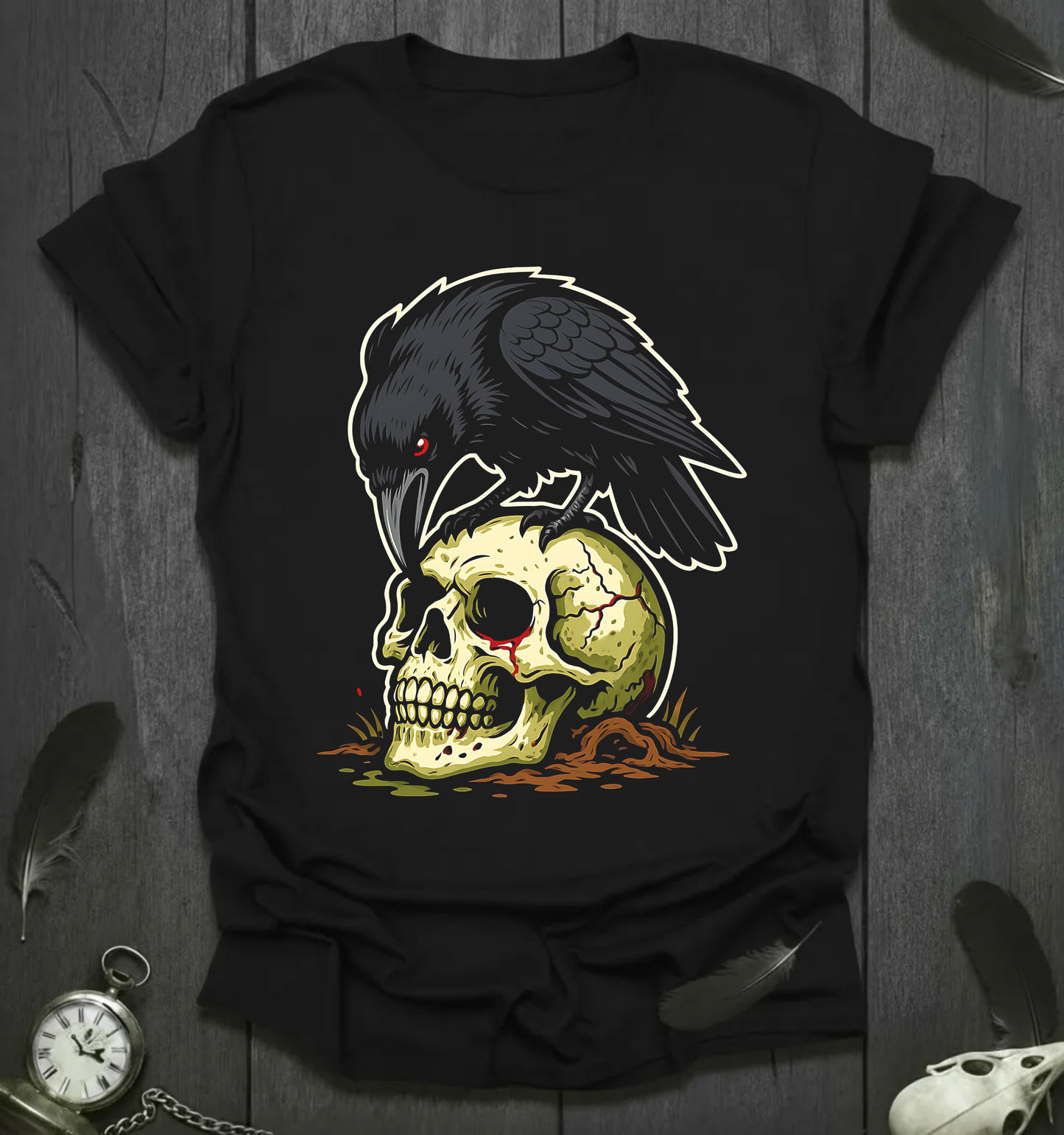 Raven on Skull Graphic T-Shirt — Gothic Halloween Skull Tee