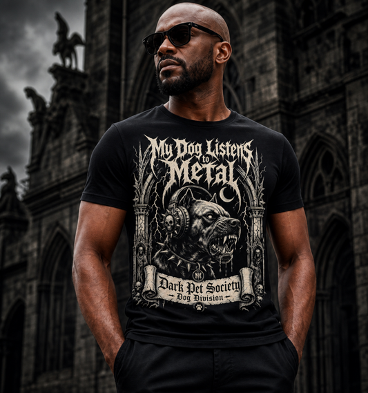 My Dog Listens to Metal T‑Shirt — Black Metal Edition