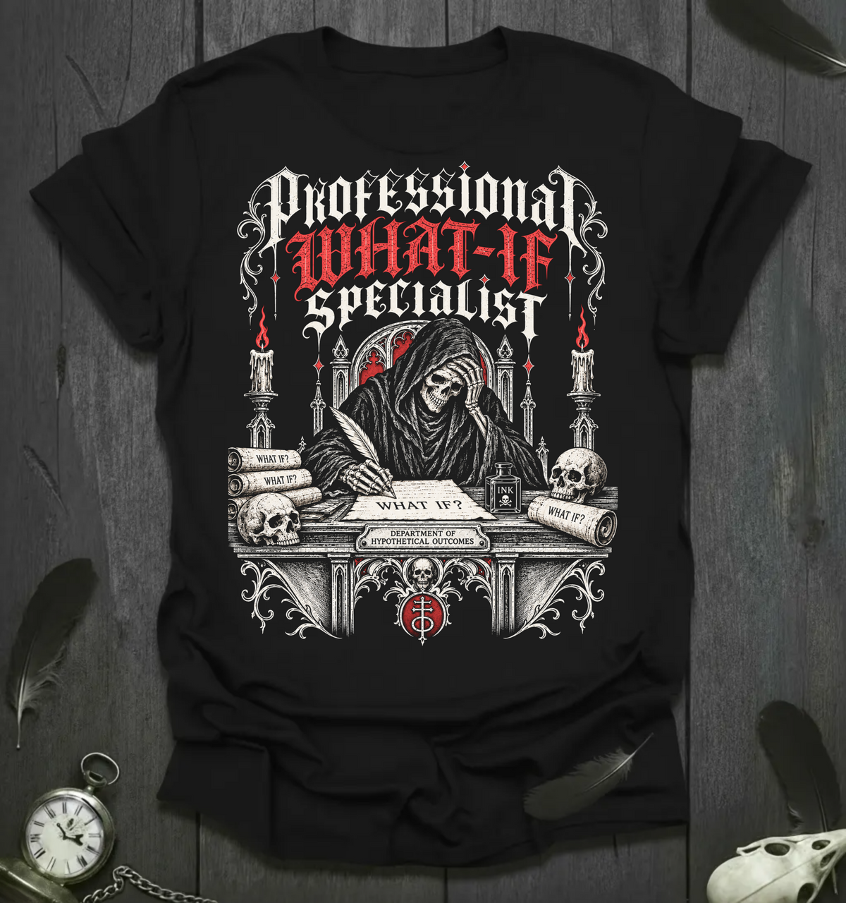 Professional "What-If" Specialist T-Shirt — Gothic Grim Reaper Novelty Tee