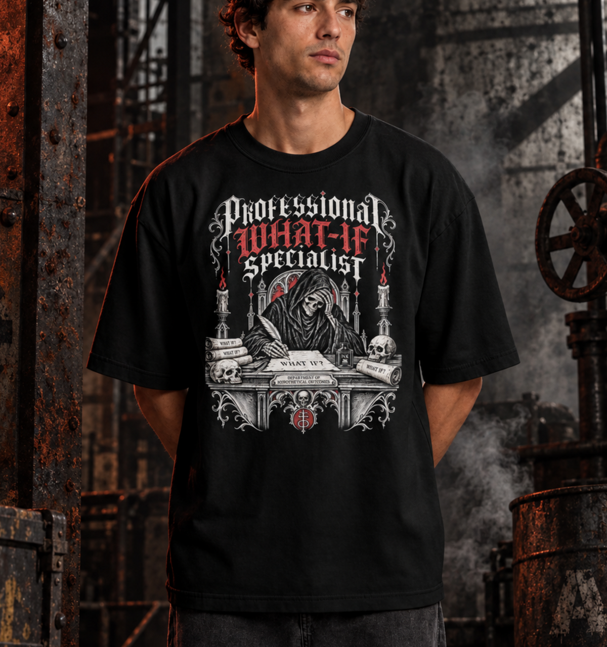 Professional "What-If" Specialist T-Shirt — Gothic Grim Reaper Novelty Tee