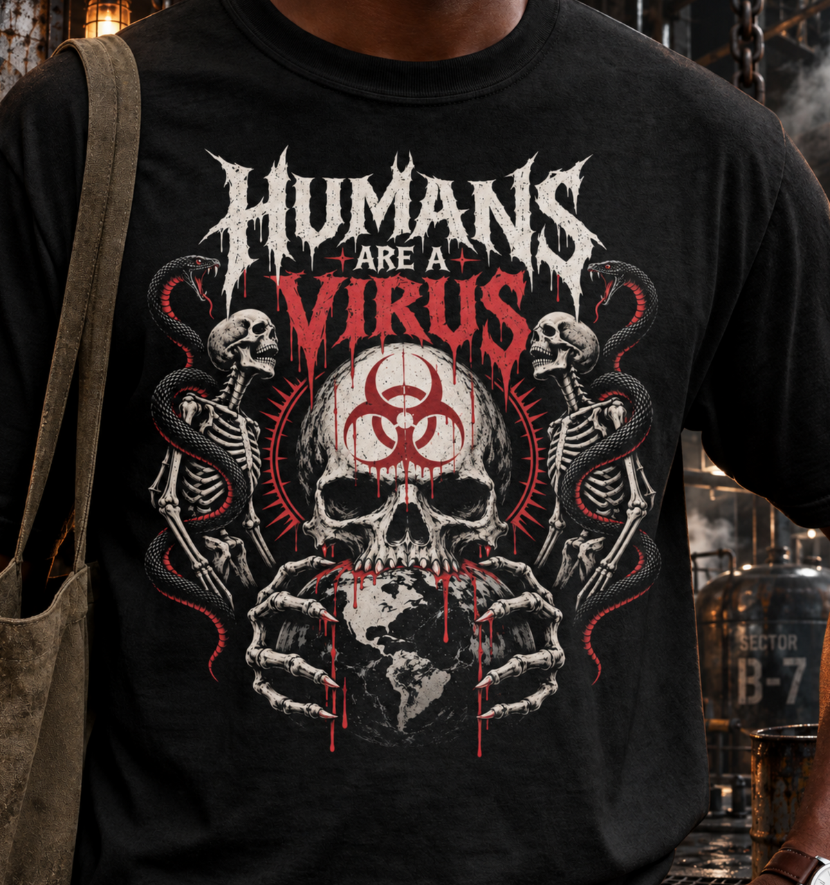 Humans Are a Virus Skull Tee — Gothic Biohazard Graphic T-Shirt