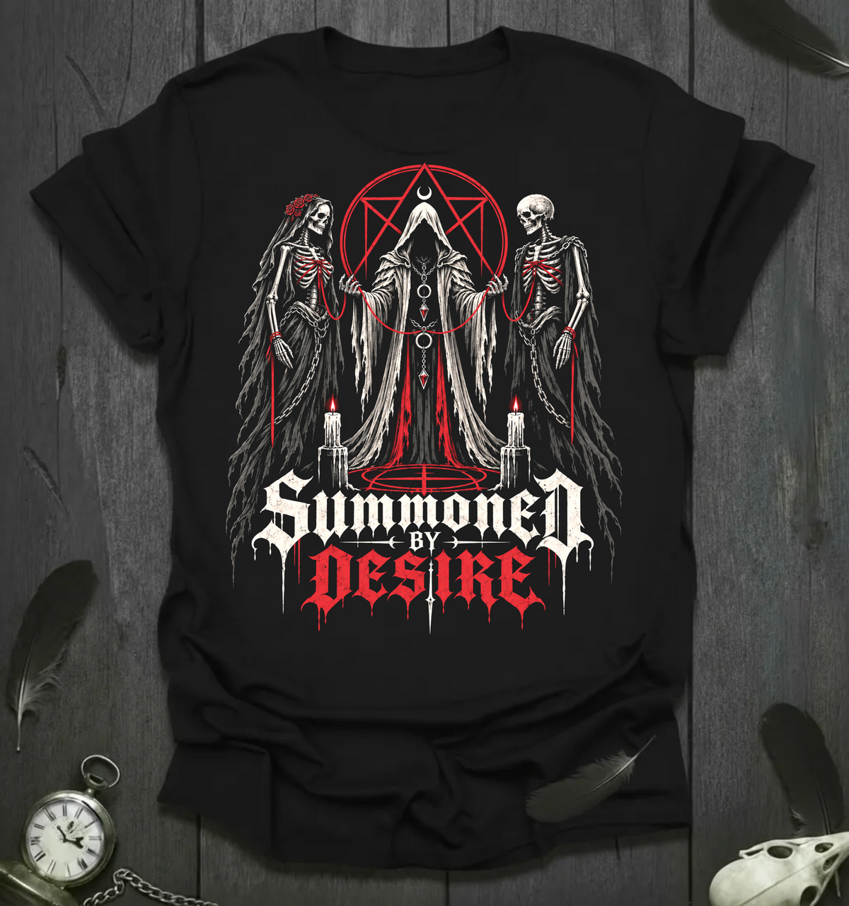 Summoned by Desire Graphic T-Shirt — Gothic Occult Skeleton Priestess Design